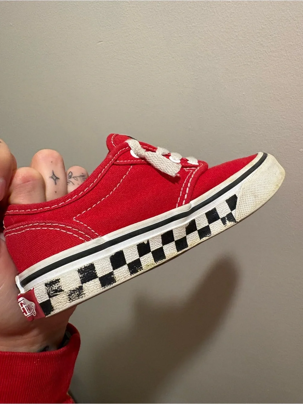 Vans Little Kids Size 12 Low-Top Canvas Sneakers — Red with checkered sole